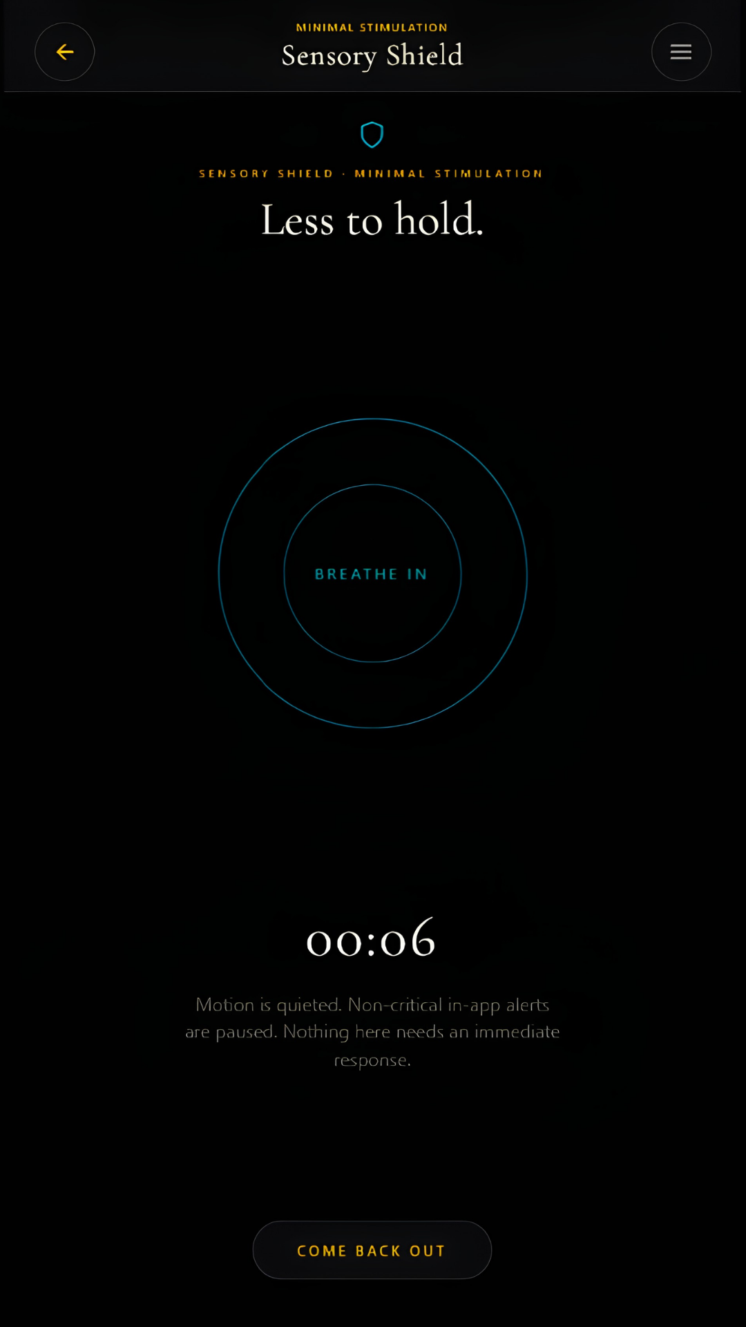Sensory Shield, minimal stimulation: two thin teal circles around the words Breathe in, timer at 00:06.